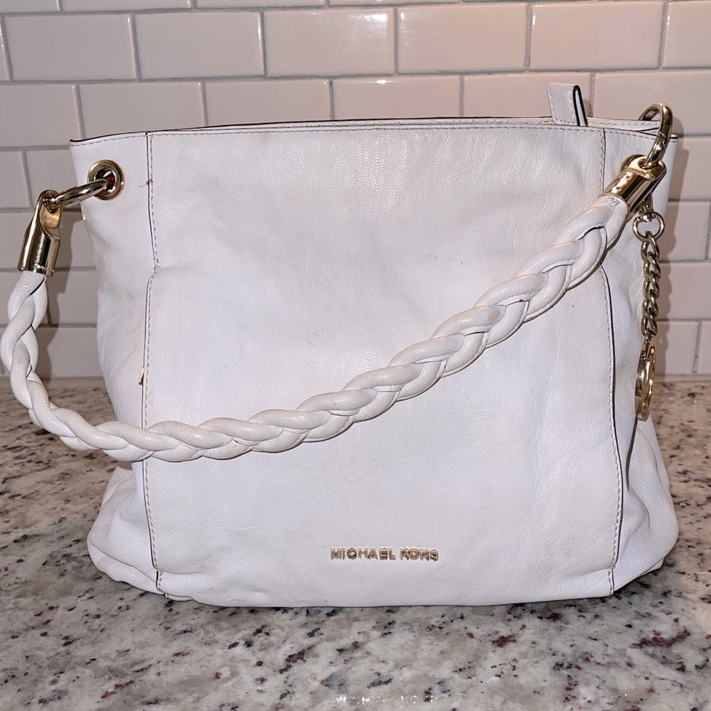 Michael Kors Braided Handle Leather Satchel White